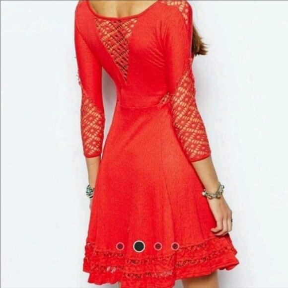 Free People Red Lace Crochet Cut Out Fit & Flare Dress Medium - Picture 4 of 11
